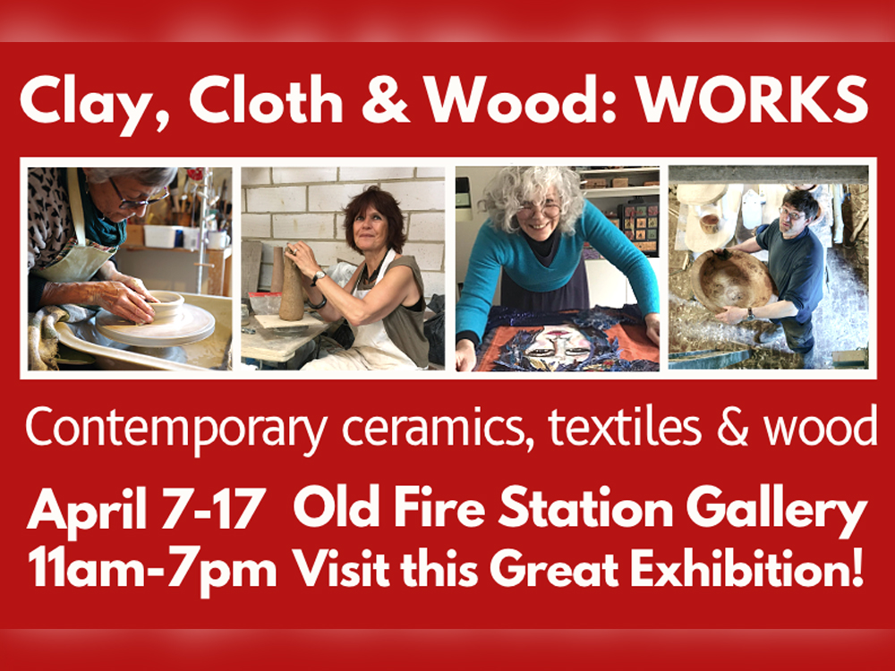 Clay, Cloth and Wood: WORKS is an exciting exhibition showcasing the varied works of four talented artists covering ceramics, textile pictures and sculptural wood.